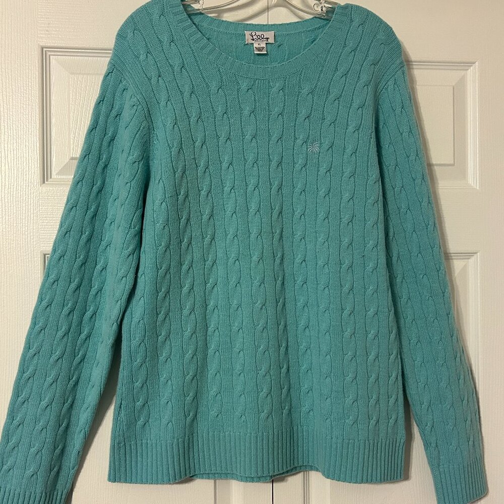 LILLY PULITZER Sz XL Aqua Blue 100% Cashmere Cable Knit Sweater